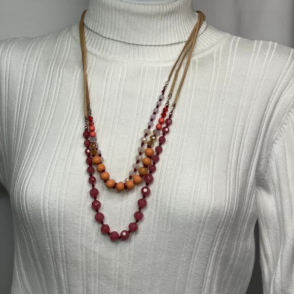 LOFT  Ann Taylor gold tone necklace beaded suede cord peach white pink beads - Picture 8 of 11